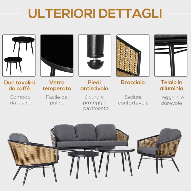 Σετ Έπιπλα Κήπου Outsunny 5 τεμαχίων Rattan, Lounge εξωτερικού χώρου με 2 τραπεζάκια σαλονιού, καναπέ 3 θέσεων και 2 πολυθρόνες με μαξιλάρια 860-235