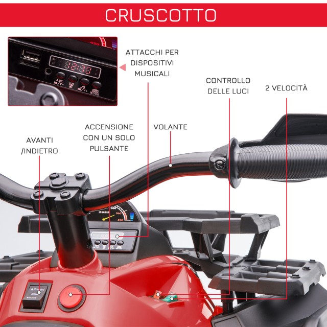 HOMCOM 12V Electric Kids Quad με λειτουργικούς προβολείς και πεντάλ, επαναφορτιζόμενη μπαταρία, κ.λπ. 3-5 ετών, 100x65x73cm - Μαύρο / Κόκκινο 370-170V90RD