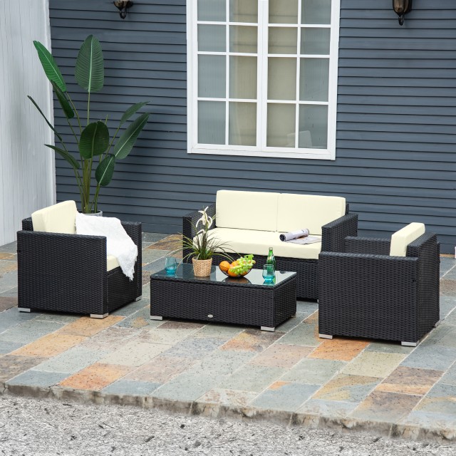Outsunny Σετ κήπου 4 τεμαχίων από Rattan PE και ατσάλι, με καναπέ, 2 πολυθρόνες και τραπεζάκι σαλονιού, κρέμα 860-024V01