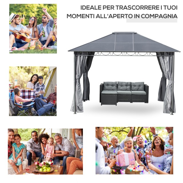 Outsunny 3,6x3m Garden Gazebo με Anti UV Polycarbonate Roof και κουρτίνες, γκρι 84C-212V01