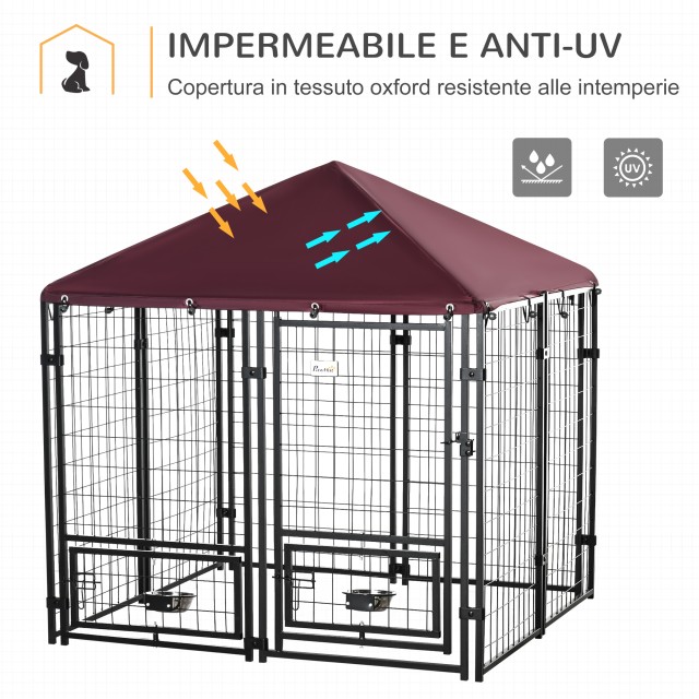 PawHut Outdoor Dog Run με κλειδαριά, 2 περιστρεφόμενα μπολ και αφαιρούμενο κάλυμμα, μαύρο και κόκκινο D02-092