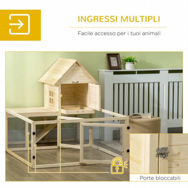 PawHut Indoor Spruce Hutch με αφαιρούμενο δίσκο, 3 πόρτες και εξωτερικό χώρο, 151,5x106x97 cm D51-358V00ND