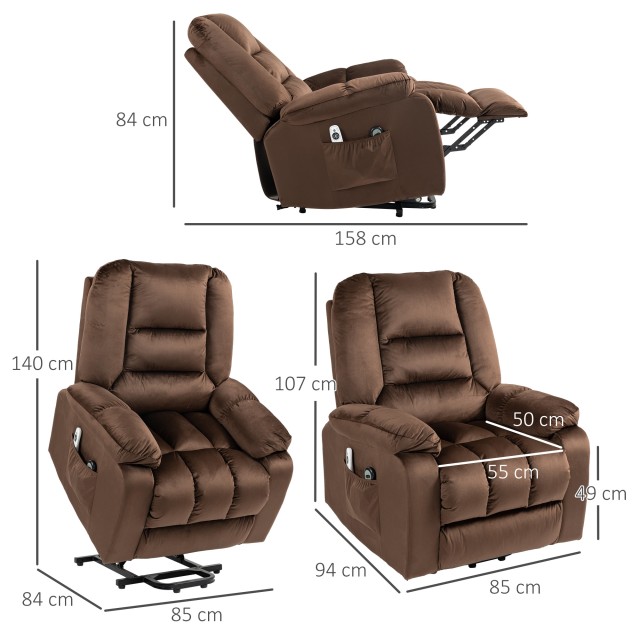 HOMCOM Relaxing Lift Chair, Ανακλινόμενη, Μασάζ και Θερμαινόμενη σε Βελούδινο, Καφέ 713-160V90DR