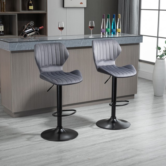 HOMCOM Σετ 2 σκαμπό μπαρ Velvet Effect, Περιστρεφόμενο με ρυθμιζόμενο ύψος και υποπόδιο, γκρι 835-466GY