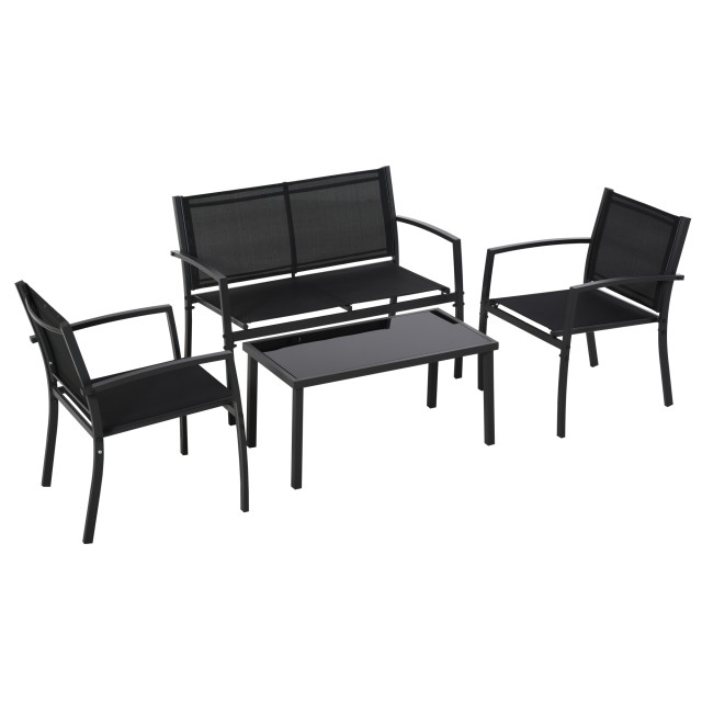 Outsunny Outdoor Lounge, σετ 4 τεμαχίων με 1 τραπεζάκι σαλονιού, 2 καρέκλες κήπου και 1 μεταλλικό πάγκο, μαύρο 84B-508