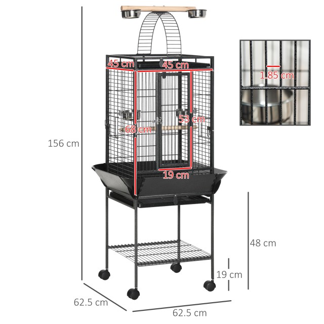 PawHut Budgie Cage with 2 Perches and Arched Ladder, Ατσάλι, 62,5x62,5x156 cm, Γκρι D10-068