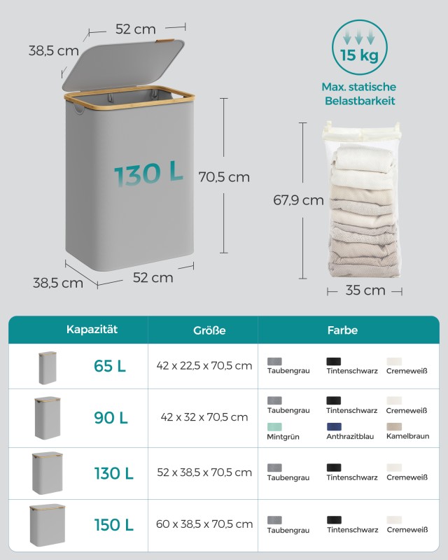Δίχωρο Καλάθι Απλύτων SONGMICS με Καπάκι, 130L, Αφαιρούμενη Επένδυση, Γκρι 
