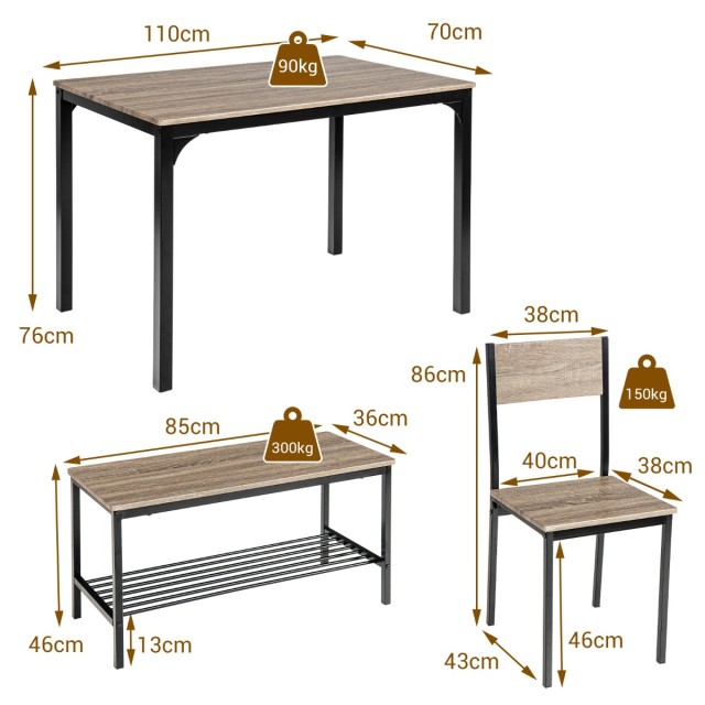 Σετ Τραπεζαρίας 4 Τεμαχίων με Τραπέζι 110 x 70 x 76 cm, Πάγκο 40 x 43 x 86 cm και 2 Καρέκλες 85 x 36 x 46,4 cm  Γκρι Ξύλο KC55737GR Costway