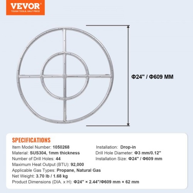 VEVOR 24 Στρογγυλή Ενσωματωμένη Εστία, Ανοξείδωτη, 92,000 BTU, Φυσικό & Υγραέριο  RSQZJ24INCHYPCM31V0