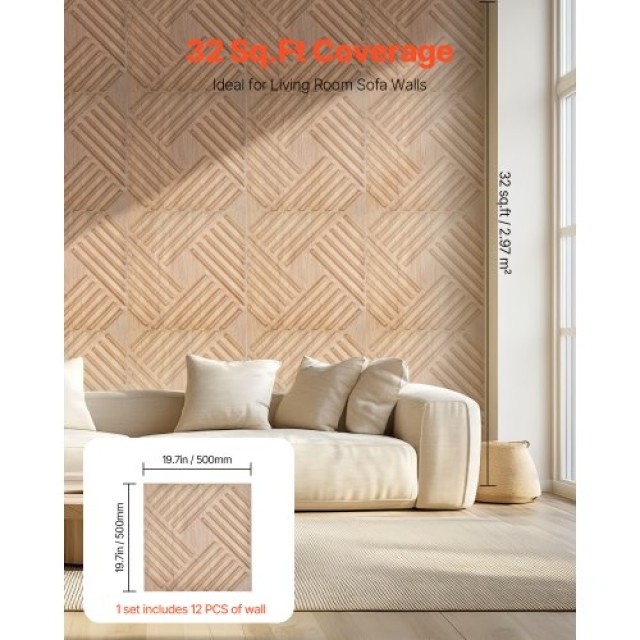 VEVOR 3D Πάνελ Τοίχου 12τμχ 50x50εκ PVC 3τ.μ. Κάλυψη Ανοιχτό Ξύλο PVC3DQBXDYSJPJ7GEV0