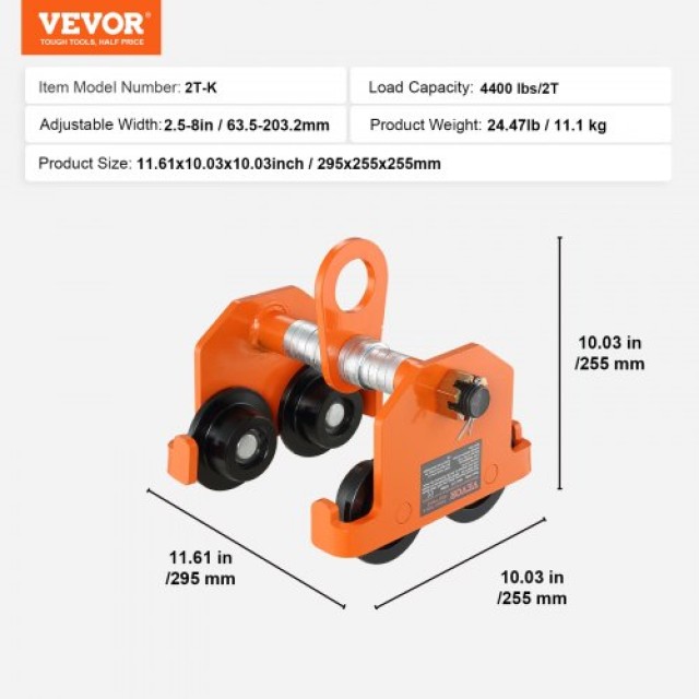VEVOR Χειροκίνητο Τρόλεϊ 2 Τόνων, Ρυθμιζόμενο για Φλάντζα 2.5-8, Βαρέως Τύπου για I-Beam  JKFZSTXC2T25HAKNJV0