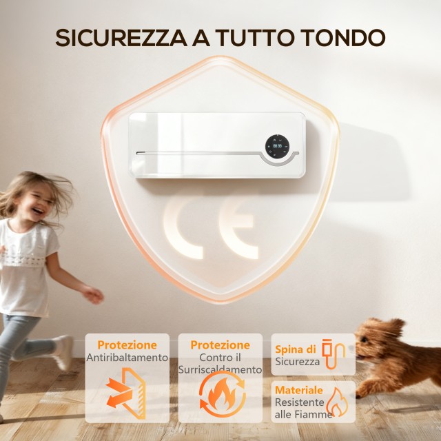 HOMCOM Κεραμική Σόμπα Τοίχου 2000W με 3 Λειτουργίες, Ρυθμιζόμενη Θε...