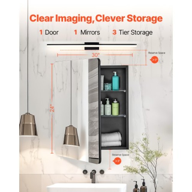 VEVOR Ντουλάπι Φαρμάκων 24 x 30 με Ρυθμιζόμενα Ράφια και Καθρέφτη JXYJJXJ2430IYDJW2V0