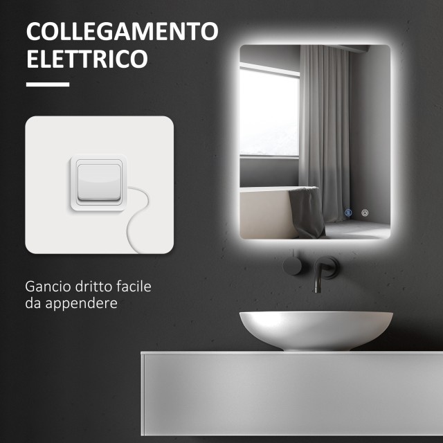 Kleankin Καθρέφτης Μπάνιου με Ρυθμιζόμενα Φώτα LED, Διακόπτες Αφής και Λειτουργία Κατά της Ομίχλης, 70x50 εκ. 834-599V00CR