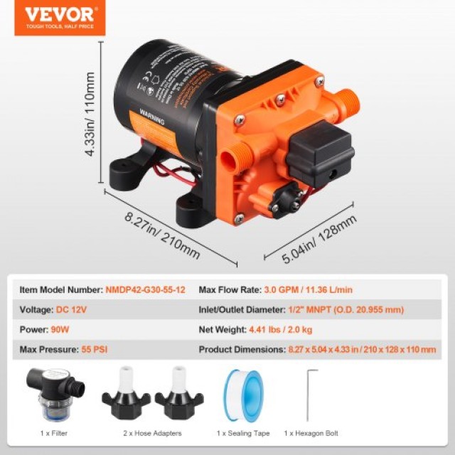 VEVOR  Αντλία Διαφράγματος 12V 3GPM 11.36 L/min 4-Θαλάμων με Διακόπτη Πίεσης 12VYYSB4Q30GNDLZ6V9