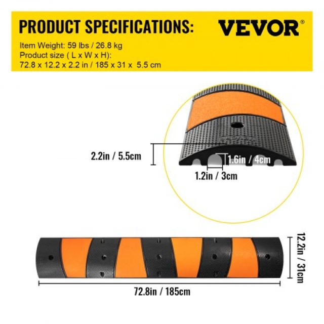 VEVOR  Μοντέρνα Καουτσούκ Ανάχωμα Ταχύτητας & Προστατευτικό Καλωδίων 6FT με 2 Κανάλια YCZDLCG721PCSMUYHV0