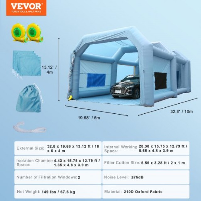 Φουσκωτή Καμπίνα Βαφής Αυτοκινήτου VEVOR 33x20x13ft με Φίλτρα & 2 Φυσητήρες  CQSPQFLSS3320LZI3V2