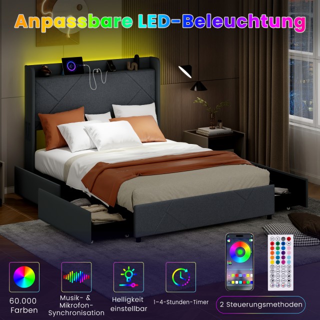 Costway  Διπλό Κρεβάτι  223 x 147 x 122 cm με LED Φωτισμό και Ενσωμ...