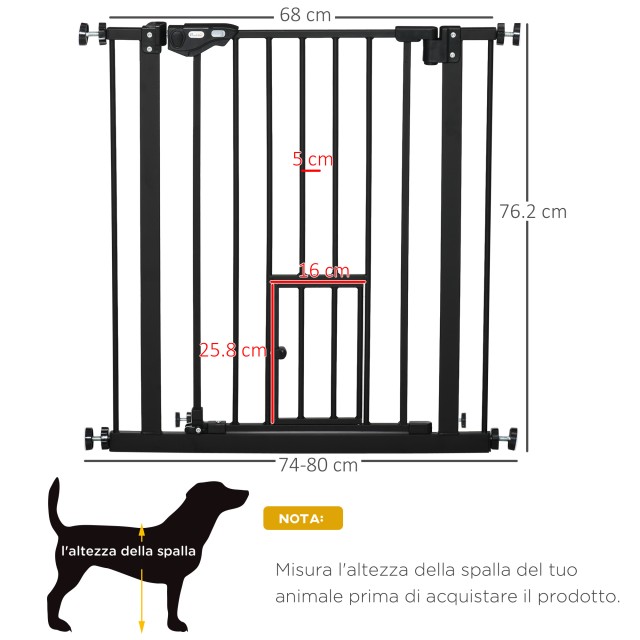 PawHut Dog Gate με Push Fit, Επεκτάσιμη από 74-80cm με Αυτόματο Κλείσιμο, Μαύρο D06-122BK