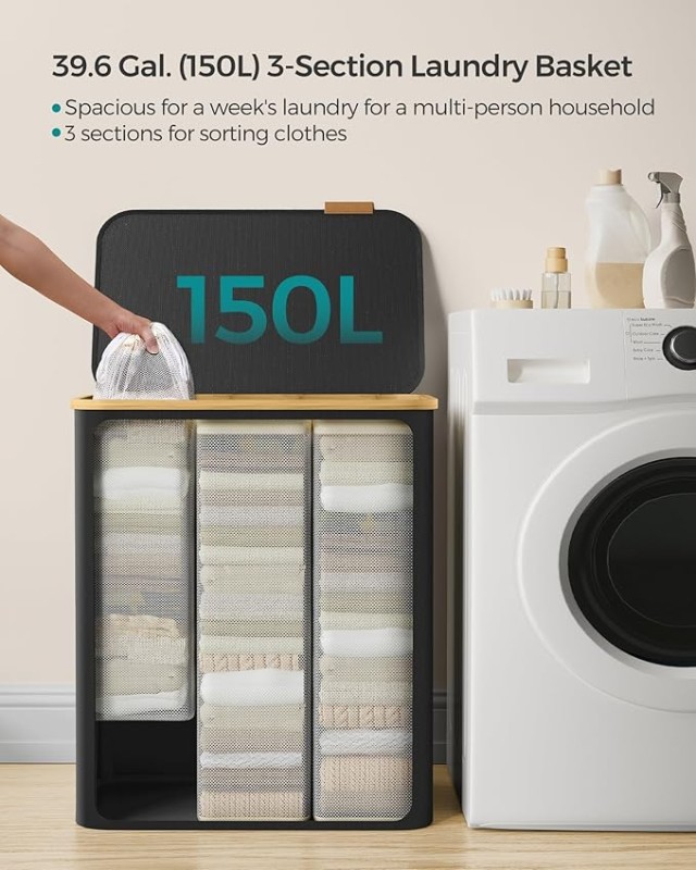 SONGMICS Ευρύχωρο Καλάθι Ρούχων 150L με 3 Διαμερίσματα και Καπάκι, ...