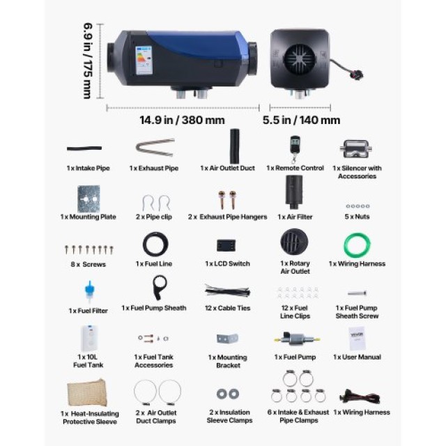 VEVOR Φορητός Πετρελαίου Αερόθερμος 8KW DC 12V/24V με Δεξαμενή 10L ...