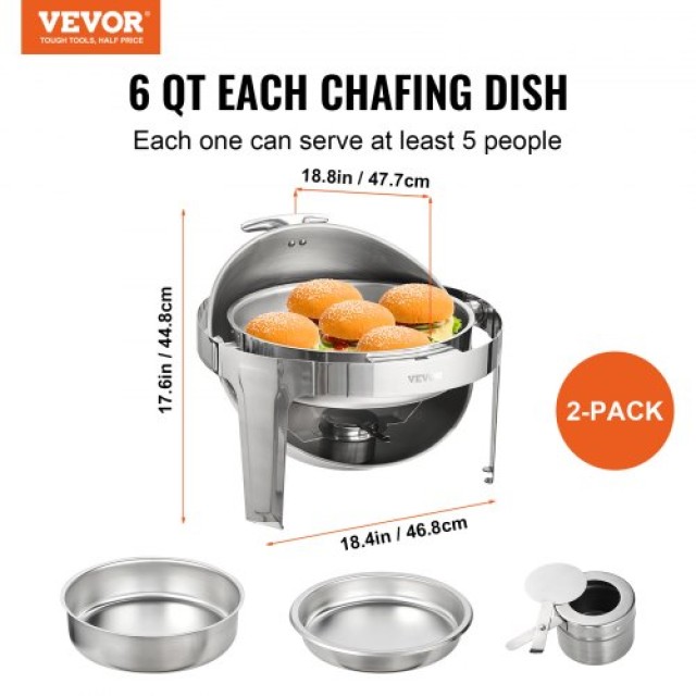 Σετ Μπουφέ VEVOR Roll Top, 6 Qt 2τμχ, Ανοξείδωτο Σκεύος με 2 Πλήρη Ταψιά, Στρογγυλή Θερμάστρα με Καπάκι, για τουλάχιστον 5 Άτομα  QXKCLJTQX26QT6HT8V0