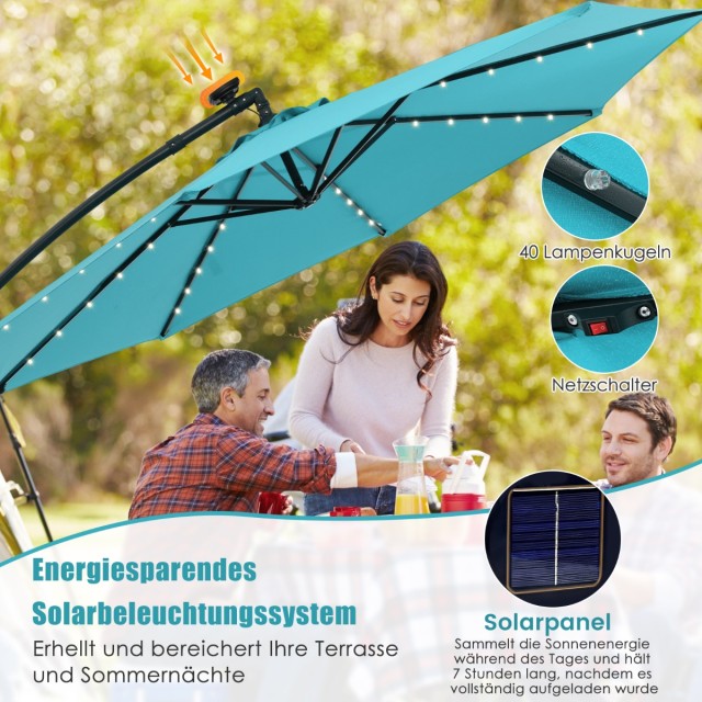 Costway Ομπρέλα Κήπου με 40 Ηλιακά LED & Μανιβέλα, Τυρκουάζ NP11556TU