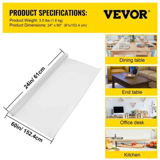 Διαφανές Κάλυμμα Τραπέζιου VEVOR 24x60, 1.5mm, Αδιάβροχο & Εύκολο Καθάρισμα  FXPVC15MM2460NKPWV0