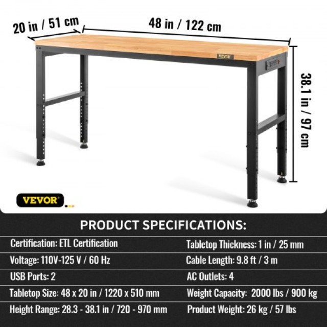 VEVOR  Ρυθμιζόμενος Πάγκος Εργασίας 48x20 με Πρίζα LDSGZTSM4820V400PV2