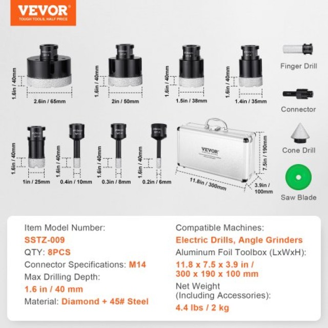 Σετ Διαμαντοκορώνων VEVOR, 8 τεμ. 6-65mm, για Πλακάκια & Κεραμικά  ...