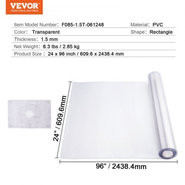 Διαφανές Προστατευτικό Τραπεζιού VEVOR 24x96 ιντσών 1.5mm  ZFXPVCZB24X9876H6V0