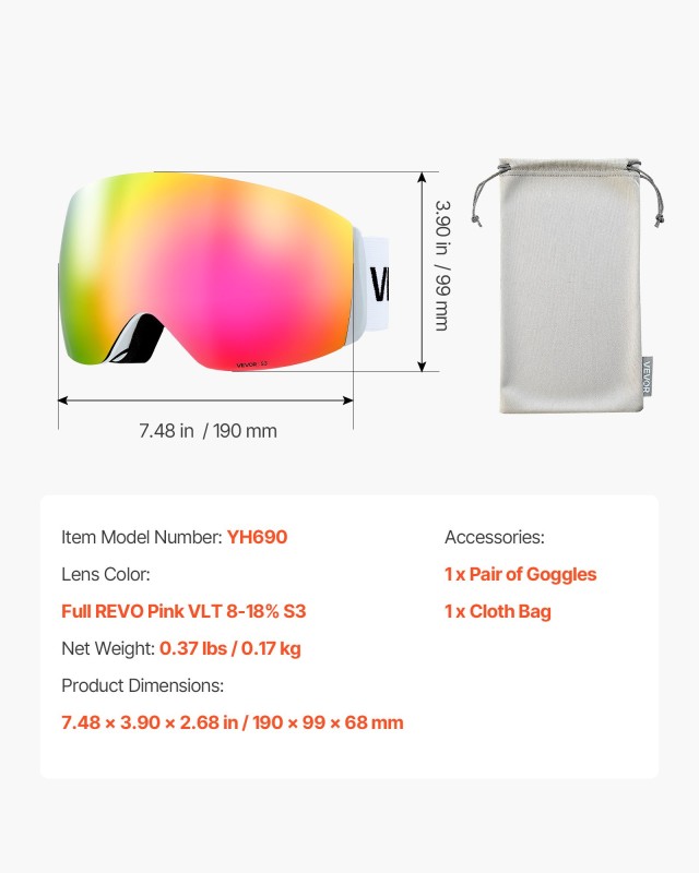 VEVOR Σφαιρικοί Γυαλιά Σκι με Άξονα Ροζ & Επίστρωση Revo, Διάσταση:...