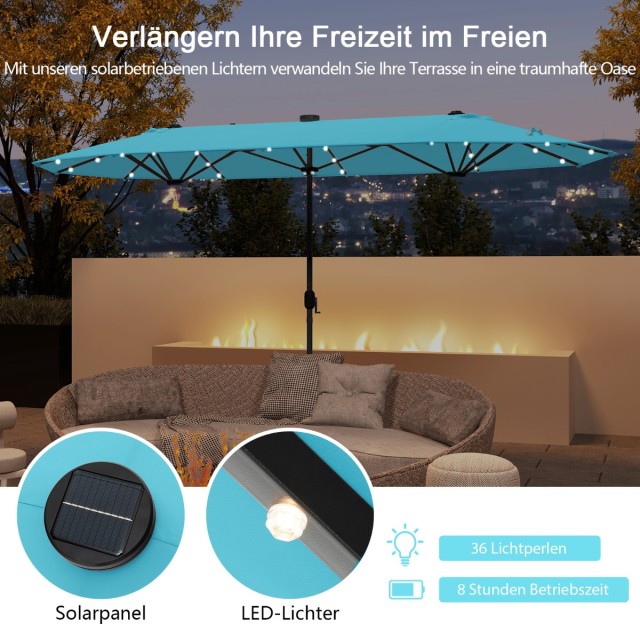 Costway Μεγάλη Διπλή Ομπρέλα με Βάση & LED Φώτα & UPF 50+ 400 x 200 cm Τυρκουάζ NP12264TU