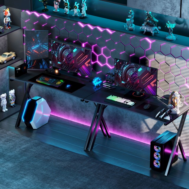 HOMCOM  Γραφείο Gaming με Ρυθμιζόμενα LED RGB Φώτα και Πόδια σε Σχήμα Κ, από Ξύλο και Ατσάλι, 120x60x75 εκ., Μαύρο  836-583V00BK