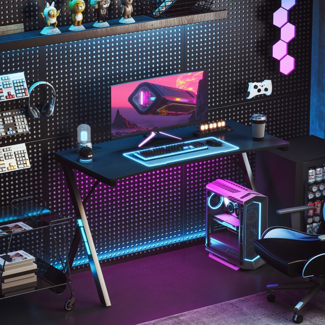 HOMCOM  Γραφείο Gaming με Ρυθμιζόμενα LED RGB Φώτα και Πόδια σε Σχήμα Κ, από Ξύλο και Ατσάλι, 120x60x75 εκ., Μαύρο  836-583V00BK