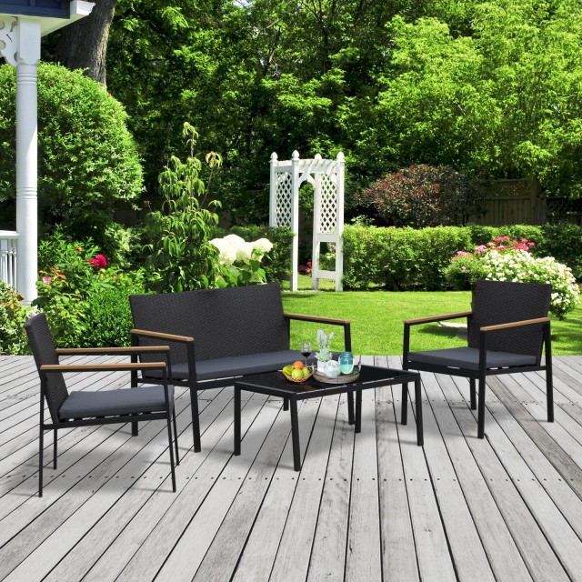 Outsunny Set 4 Pieces Garden Lounge σε PE Rattan με μπράτσα σε μαύρο ξύλο 860-092