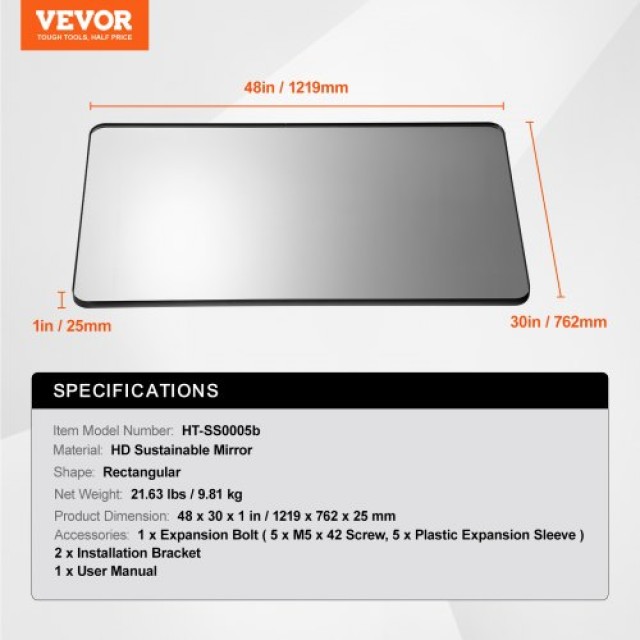 VEVOR  Τετράγωνος Καθρέφτης Τοίχου 30 x 48 με Πλαίσιο Αλουμινίου JXJ3048INCHBAVUMSV0