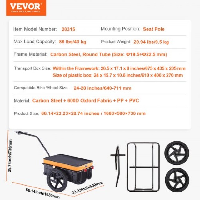 VEVOR Τρέιλερ Ποδηλάτου, 40kg Φορτίο, Αναδιπλούμενο, Αδιάβροχο, 16 Τροχοί, Αντανακλαστικά, Για 24-28 Ποδήλατα  CGKZGHJG100BKKTQKV0