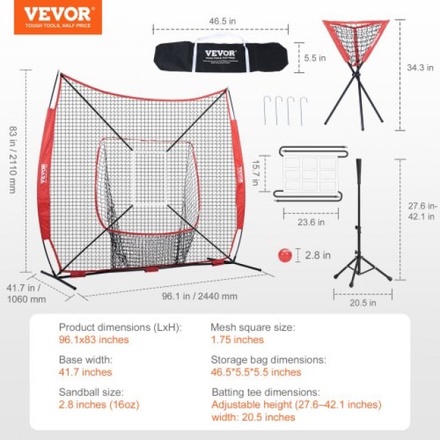 VEVOR Δίχτυ Προπόνησης Μπέιζμπολ 7x7 ft με Φορητό Σκελετό και Αξεσο...