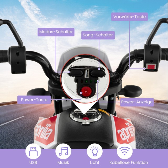 Costway Παιδική Μηχανή Aprilia Elektro με Βοηθητικές Ρόδες & Μουσική & Φώτα 12V Λευκή TQ10143DE-WH