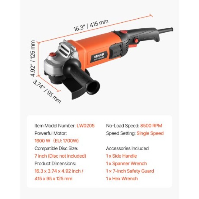 VEVOR Ηλεκτρικός Γωνιακός Τροχός 177.8mm, 8.2Α 8500RPM με Ρυθμιζόμε...