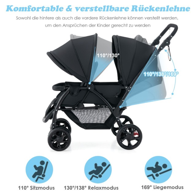 Costway Doppel-Kinderwagen, faltbar, mit verstellbarer Rückenlehne und Sonnenschutz, 30 kg Tragkraft, Schwarz BC10248DK