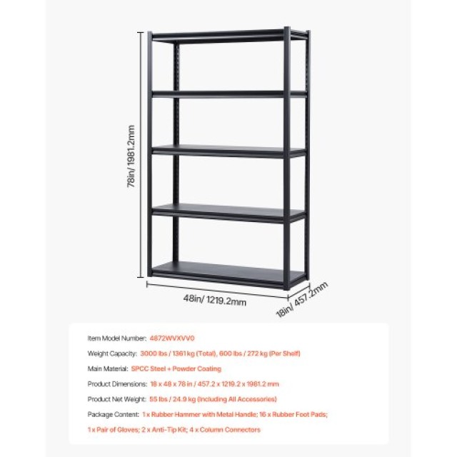 VEVOR Ράφια Αποθήκευσης 5 Επιπέδων 18 Β x 48 Π x 78 Υ για Γκαράζ JSBSXHJ184872WVXVV0