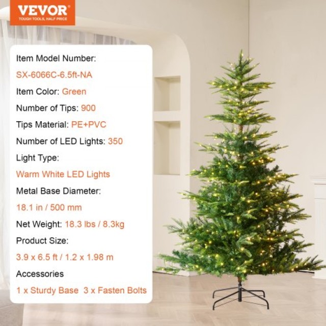 VEVOR  Χριστουγεννιάτικο Δέντρο 6.5ft Προφωτισμένο με 350 Λευκά LED 900 Κλαδιά RZSDSQBSDSDS8ES4AV2