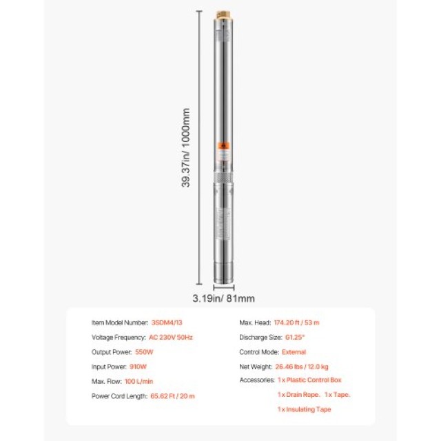 VEVOR Αντλία Υποβρύχιας Γεώτρησης 550W από Ανοξείδωτο Ατσάλι, Βάθος...