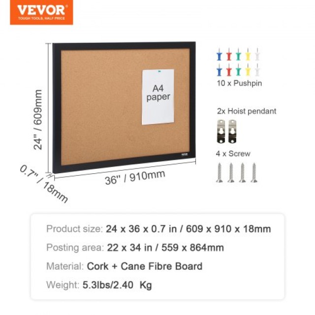 Πίνακας Ανακοινώσεων VEVOR 36x24 ιντσών με MDF Πλαίσιο, Περιλαμβάνει 10 Καρφίτσες, για Γραφείο, Σπίτι και Σχολείο  GSBYCXGFR3624S48GV0