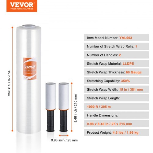 VEVOR Διάφανη Μεμβράνη Συσκευασίας 15x1000, 60 Gauge, με Λαβές  LSM15INCH100GUQS6V0