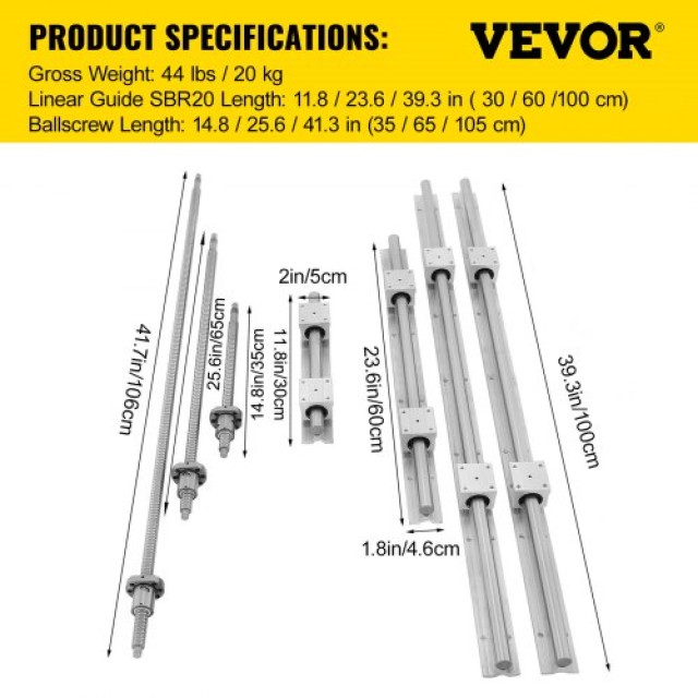 VEVOR  Σετ Γραμμικής Οδηγίας SBR20 + 3 Κοχλίες RM1605-350/650/1050mm CNC με Υποστήριξη BK/BF12 SBR20SZSGZXDGTZ01V0