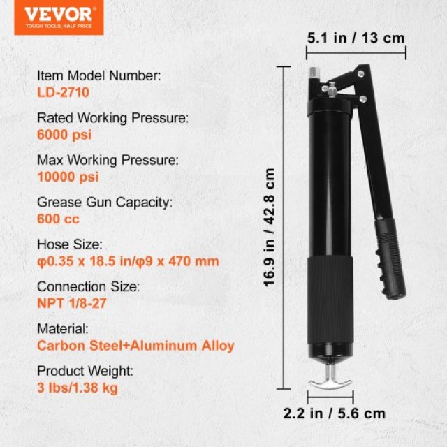 VEVOR Πιστόλι Γράσου 10000 PSI, 600 CC, με Εύκαμπτο Σωλήνα 47cm  SDHYQGGSW18IN6SQRV0