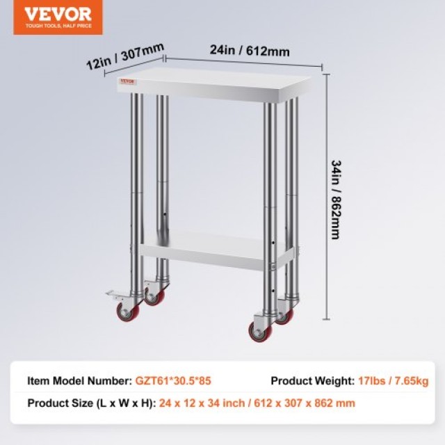 VEVOR Ανοξείδωτος Πάγκος Εργασίας 12x24 με Ρόδες και Ρυθμιζόμενο Ράφι για Κουζίνα  SYGZT12X24INDJL01V0